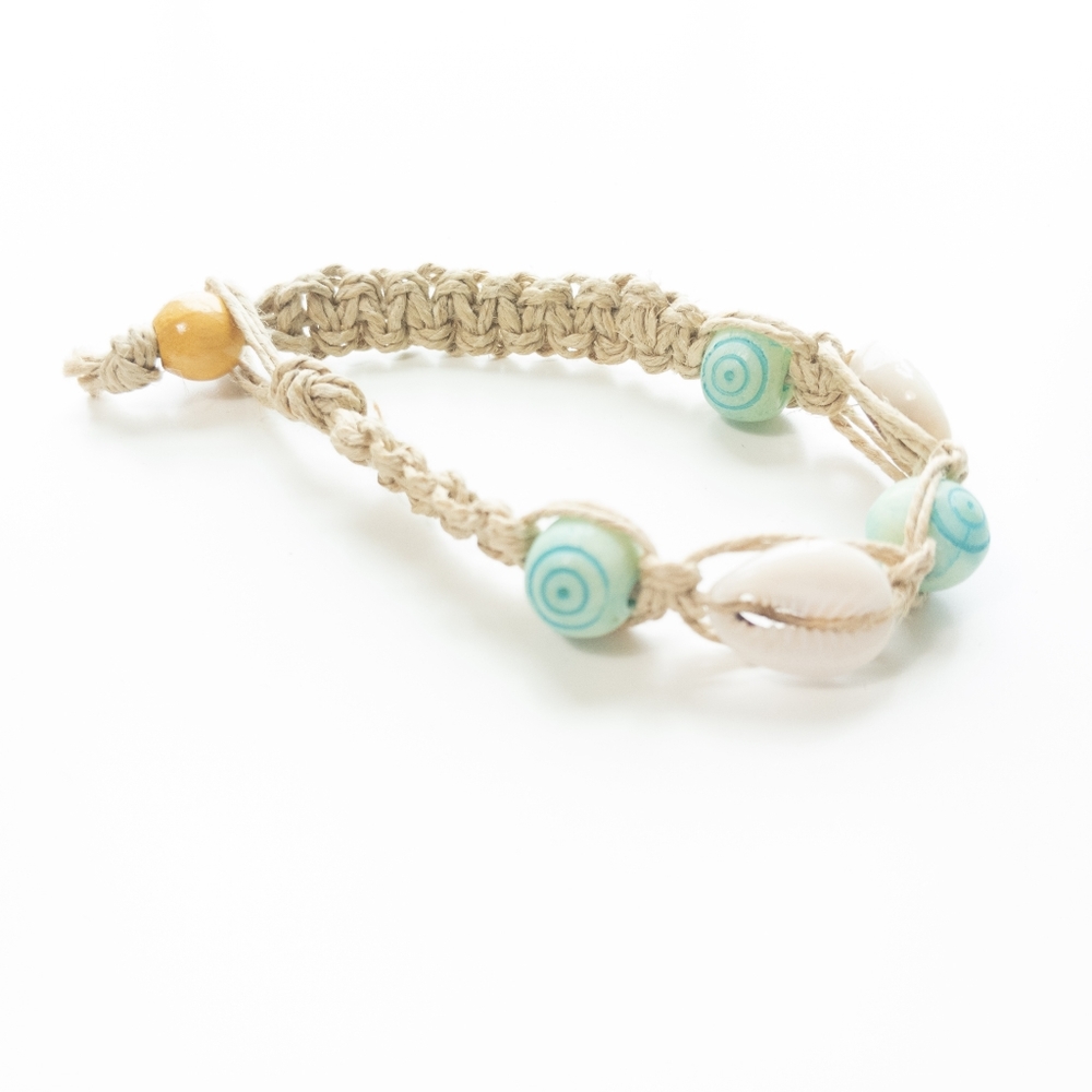 5/$25 - Handmade, Hemp bracelet, with wood beads and cowrie shells